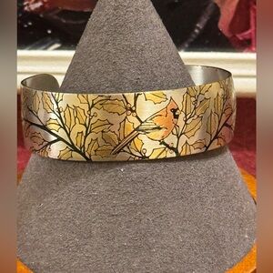 VTG Reed & Barton Damascene pewter cuff w/cardinal resting on a autumn oak tree